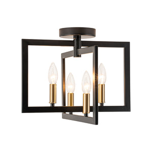 Farmhouse Black Brass 4-Light Square Cage Semi Flush Mount