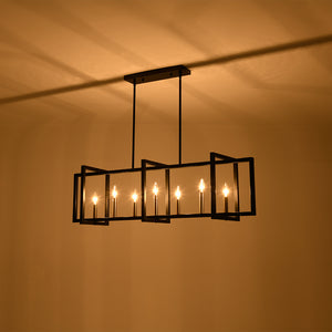 Farmhouse Candle Style Linear Rectangular Cage Island Chandelier