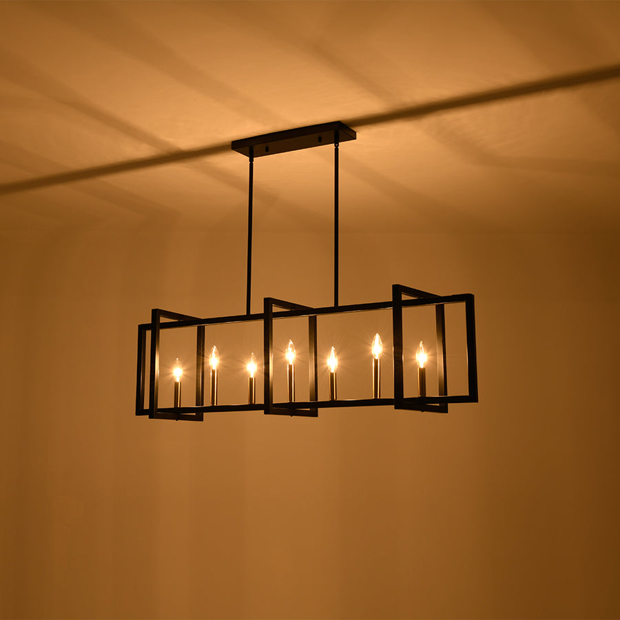 Farmhouse Candle Style Linear Rectangular Cage Island Chandelier