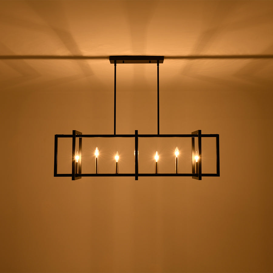 Farmhouse Candle Style Linear Rectangular Cage Island Chandelier