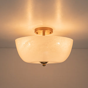 French 3-Light White Clouded Glass Round Semi Flush Mount