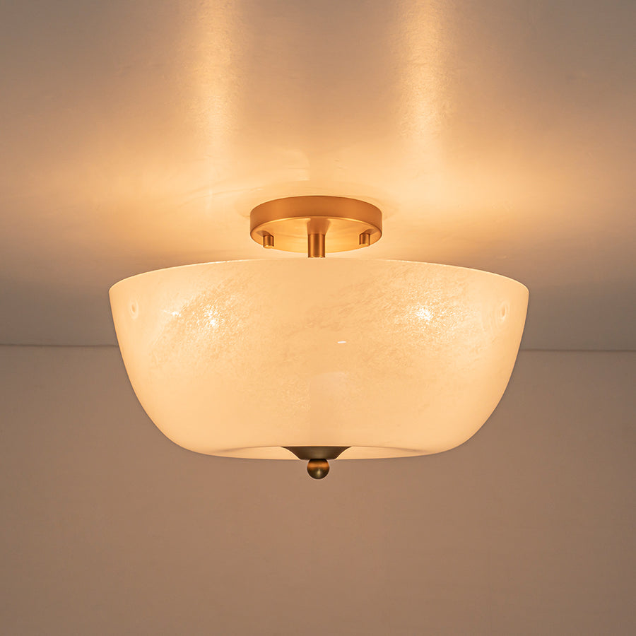 French 3-Light White Clouded Glass Round Semi Flush Mount