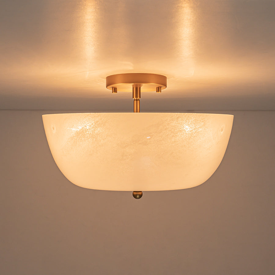 French 3-Light White Clouded Glass Round Semi Flush Mount