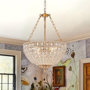 French Antique Brass Bronze Crystal Round Cage Chandelier