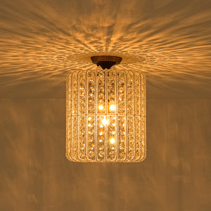 French Antique Brass Crystal Accented Lantern Semi Flush Mount