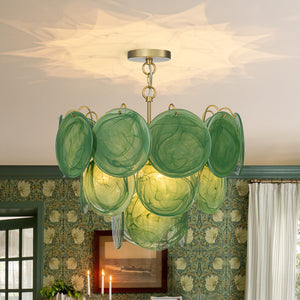French Art Deco Brass Green Swirl Glass Round Tiered Chandelier