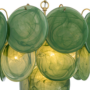 French Art Deco Brass Green Swirl Glass Round Tiered Chandelier