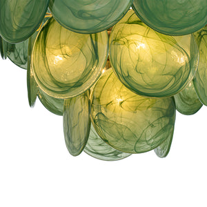 French Art Deco Brass Green Swirl Glass Round Tiered Chandelier