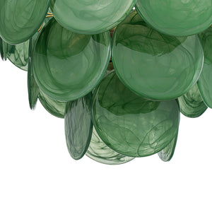 French Art Deco Brass Green Swirl Glass Round Tiered Chandelier