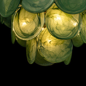 French Art Deco Brass Green Swirl Glass Round Tiered Chandelier