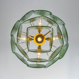 French Art Deco Brass Green Swirl Glass Round Tiered Chandelier