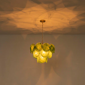 French Art Deco Brass Green Swirl Glass Round Tiered Chandelier