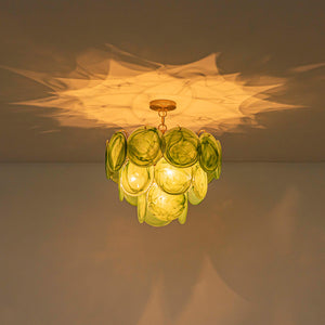 French Art Deco Brass Green Swirl Glass Round Tiered Chandelier