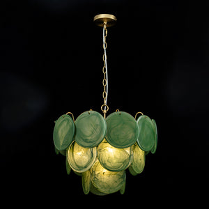 French Art Deco Brass Green Swirl Glass Round Tiered Chandelier