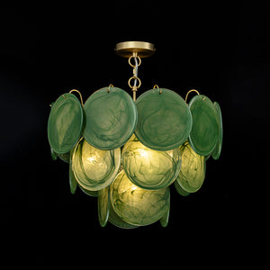 French Art Deco Brass Green Swirl Glass Round Tiered Chandelier