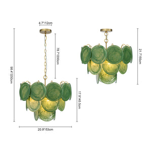 French Art Deco Brass Green Swirl Glass Round Tiered Chandelier
