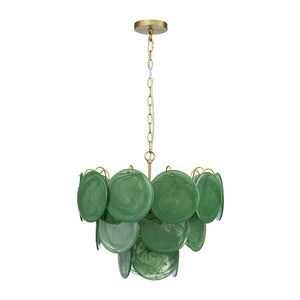 French Art Deco Brass Green Swirl Glass Round Tiered Chandelier