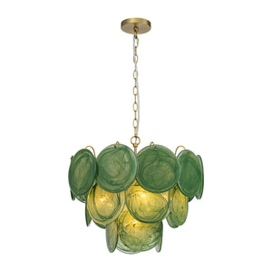 French Art Deco Brass Green Swirl Glass Round Tiered Chandelier