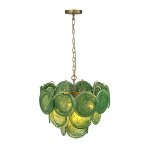 French Art Deco Brass Green Swirl Glass Round Tiered Chandelier