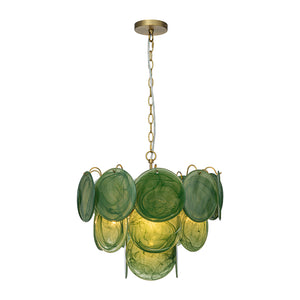 French Art Deco Brass Green Swirl Glass Round Tiered Chandelier