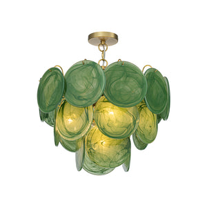 French Art Deco Brass Green Swirl Glass Round Tiered Chandelier