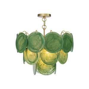 French Art Deco Brass Green Swirl Glass Round Tiered Chandelier
