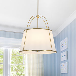 French Brass Large White Fabric Drum Lantern Chandelier