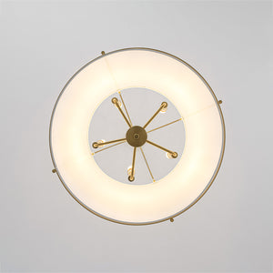 French Brass Large White Fabric Drum Lantern Chandelier