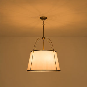French Brass Large White Fabric Drum Lantern Chandelier