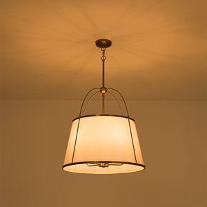 French Brass Large White Fabric Drum Lantern Chandelier