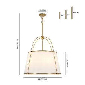 French Brass Large White Fabric Drum Lantern Chandelier