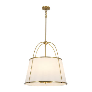 French Brass Large White Fabric Drum Lantern Chandelier