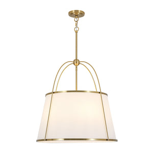 French Brass Large White Fabric Drum Lantern Chandelier