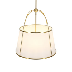 French Brass Large White Fabric Drum Lantern Chandelier
