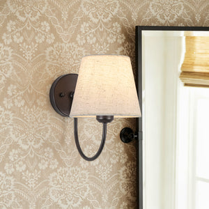 French Country 1-Light Beige Fabric Cone Armed Wall Sconce
