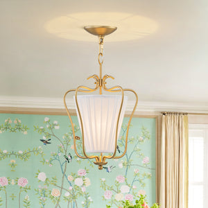 French Country 1-Light Pleated Fabric Brass Lantern Pendant