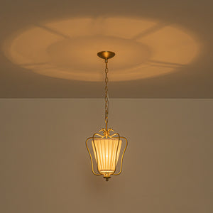 French Country 1-Light Pleated Fabric Brass Lantern Pendant