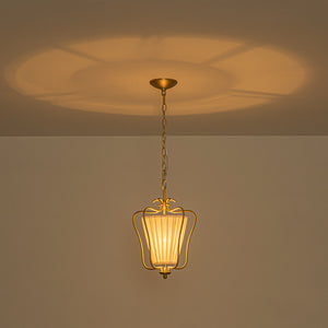French Country 1-Light Pleated Fabric Brass Lantern Pendant