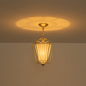 French Country 1-Light Pleated Fabric Brass Lantern Pendant