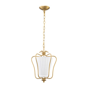 French Country 1-Light Pleated Fabric Brass Lantern Pendant