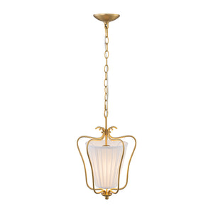 French Country 1-Light Pleated Fabric Brass Lantern Pendant