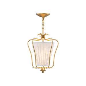 French Country 1-Light Pleated Fabric Brass Lantern Pendant