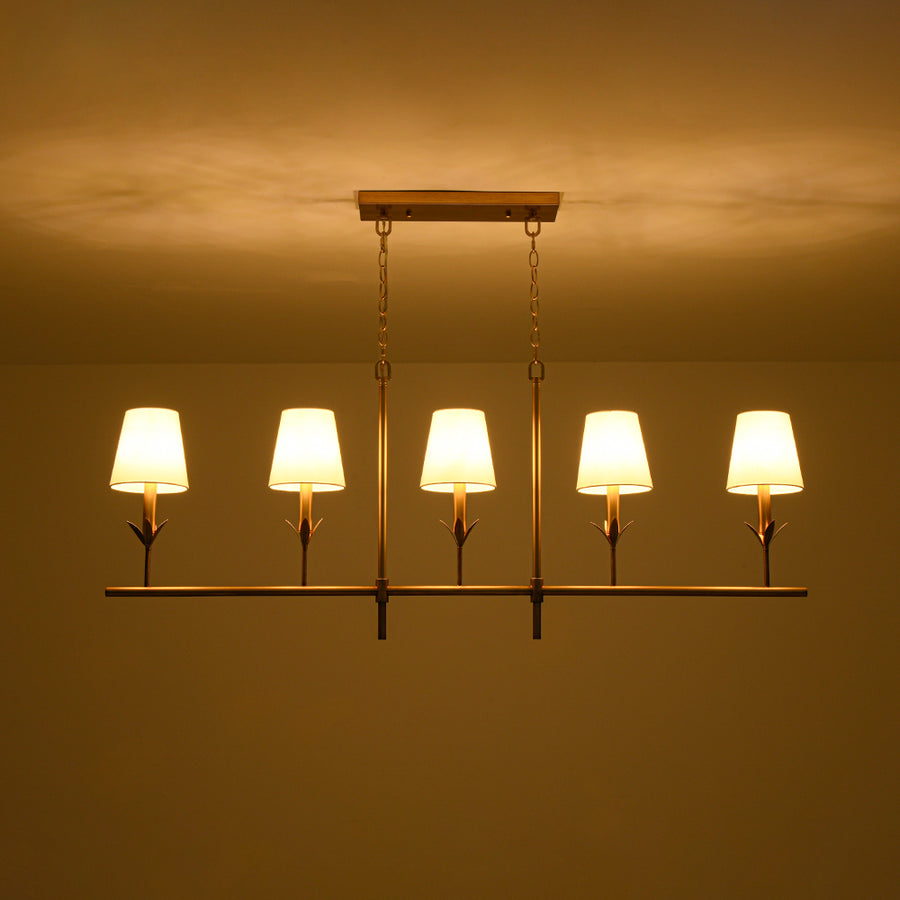 French Country 5-Light Fabric Shade Candle Linear Island Chandelier