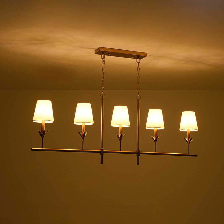 French Country 5-Light Fabric Shade Candle Linear Island Chandelier