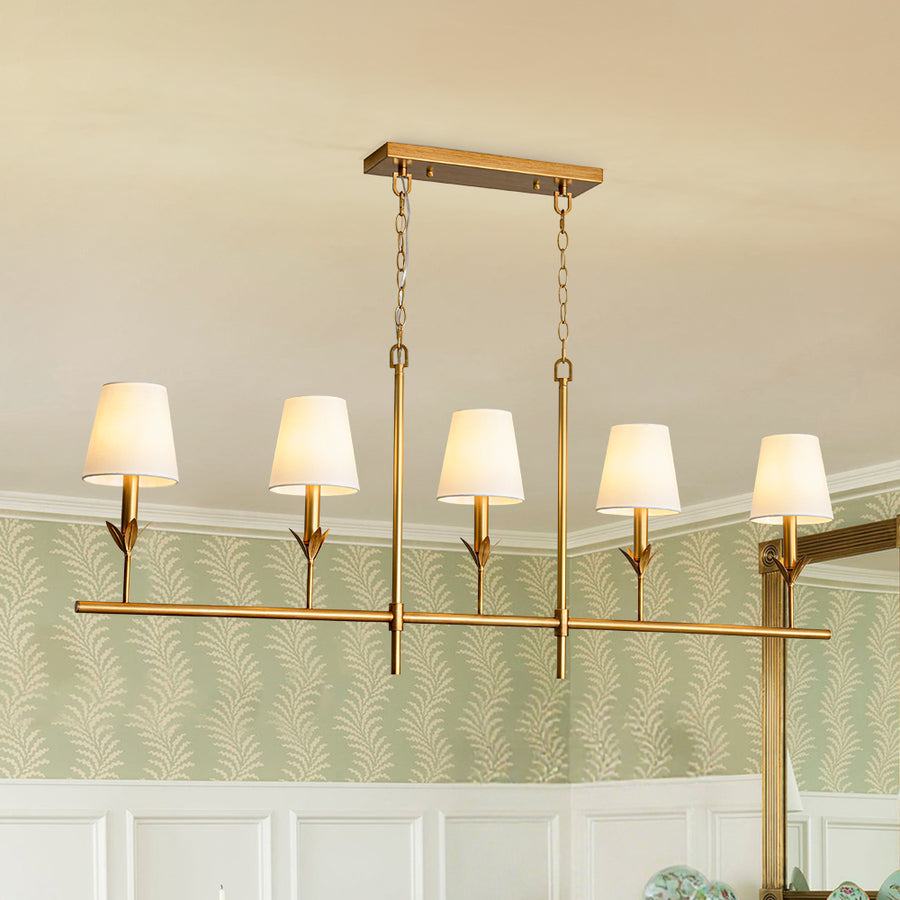 French Country 5-Light Fabric Shade Candle Linear Island Chandelier