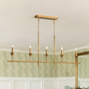 French Country 5-Light Fabric Shade Candle Linear Island Chandelier