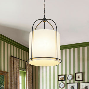 French Country 3-Light Round White Fabric Drum Lantern Pendant