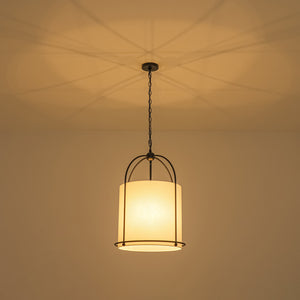 French Country 3-Light Round White Fabric Drum Lantern Pendant