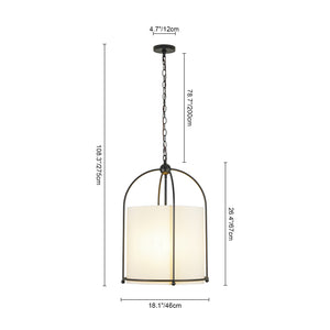 French Country 3-Light Round White Fabric Drum Lantern Pendant