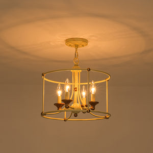 French Country Distressed Beige Metal Drum Candle Cage Pendant